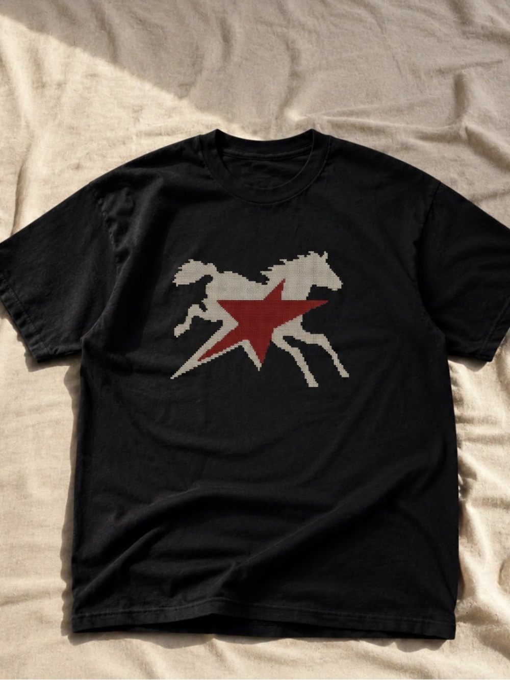 Gildan Black Tee with Red Star & Light Gray Horse Graphic